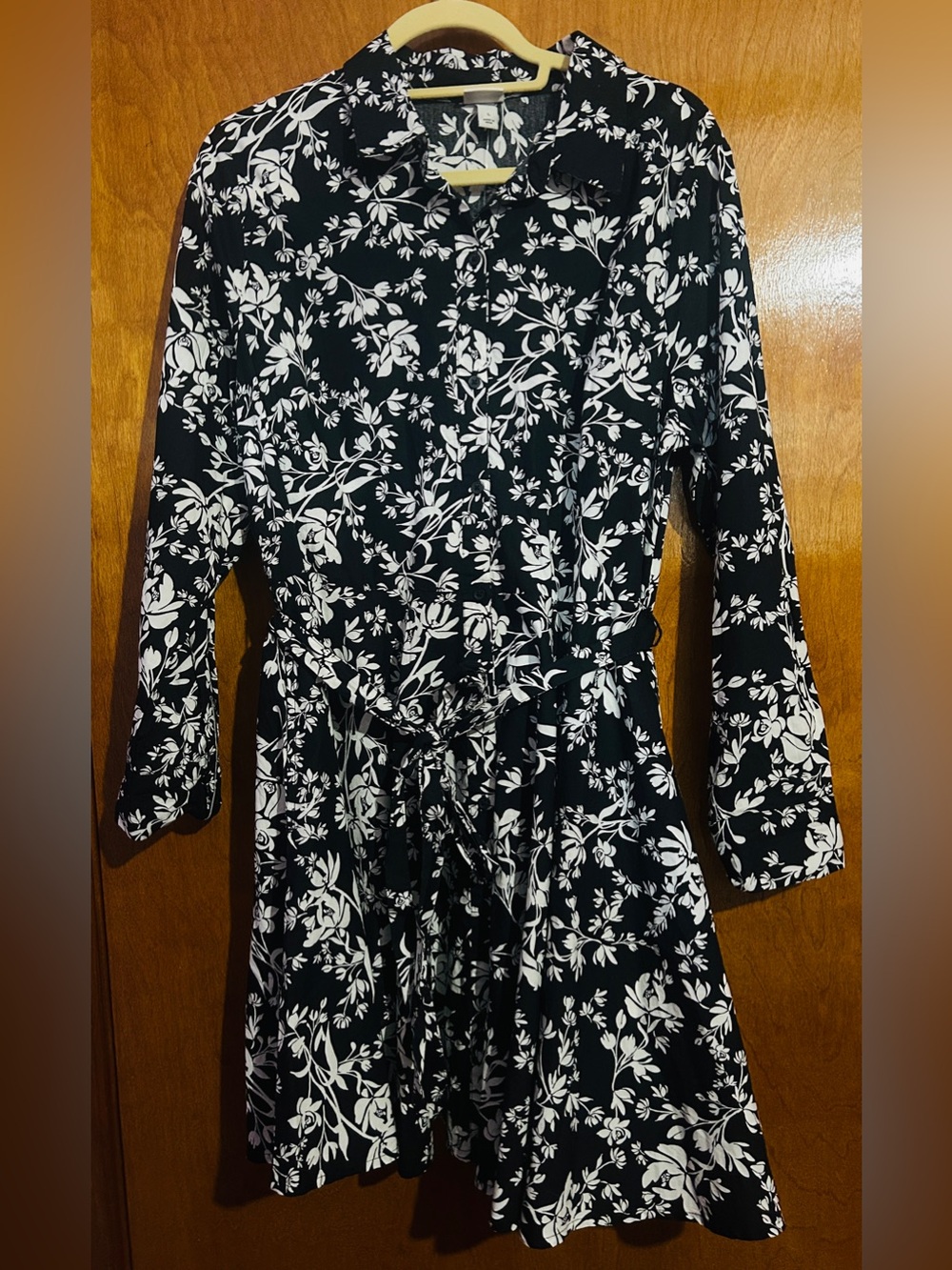 a. new day Black & White Floral Dress with Tie Waist
